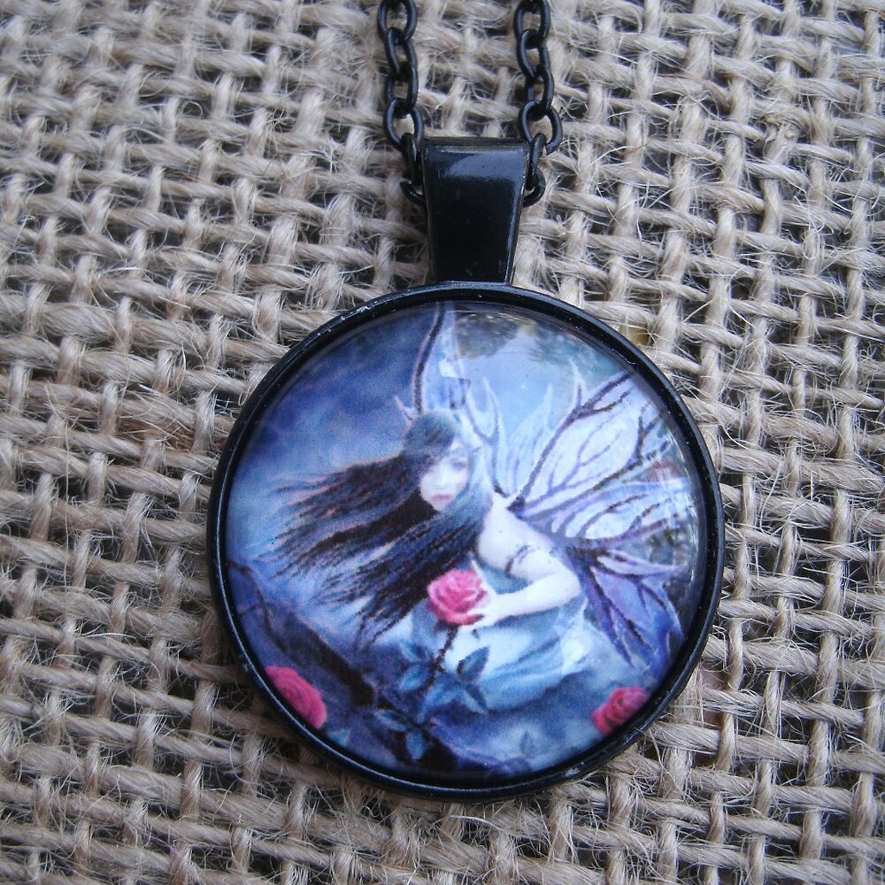Fairy & Roses Glass Cabochon Pendant Necklace